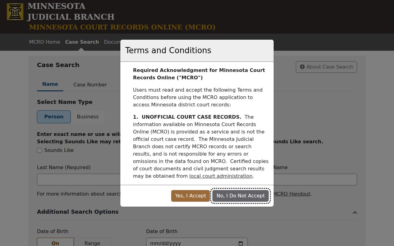 Eagan resident lookup using Minnesota Court Records Online search tabs